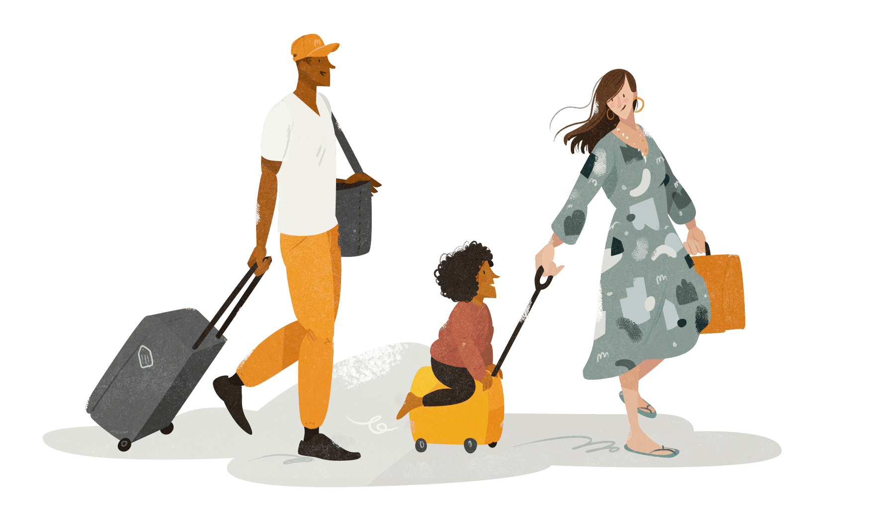 Familie går med sine kufferter sammen.