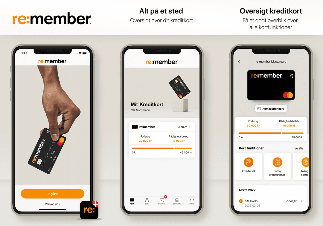 Oversigt over hvilke funktioner som findes i re:member appen